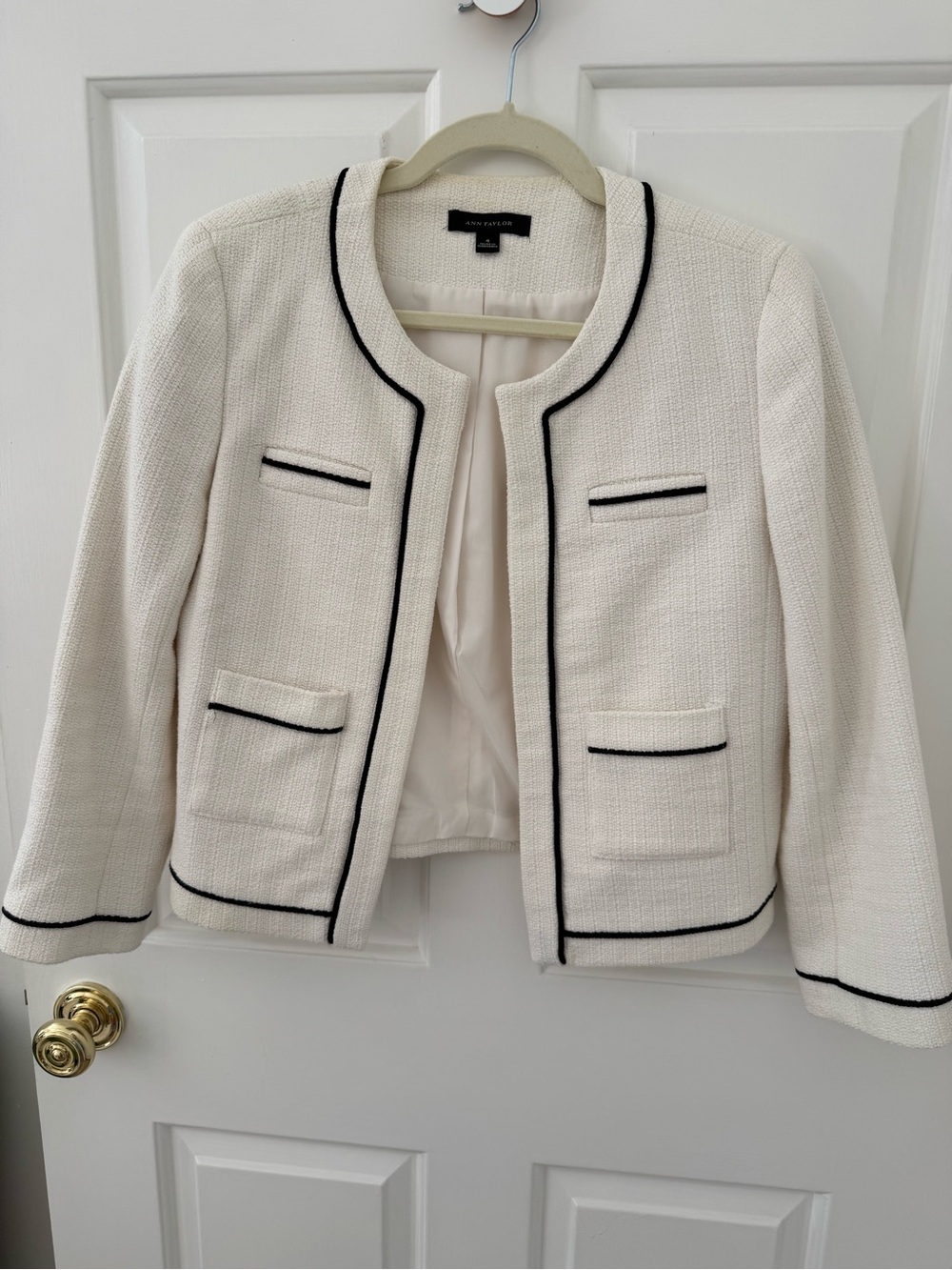 White Textured Tweed Jacket with Black Trim